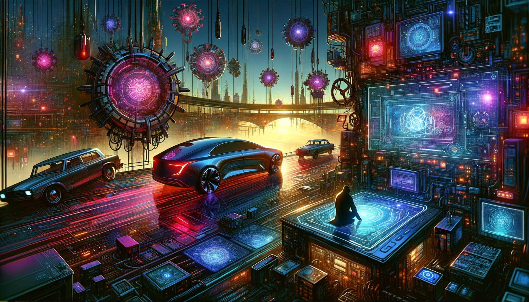 ** Futuristic cityscape with high-tech vehicles and glowing circuits at sunset.