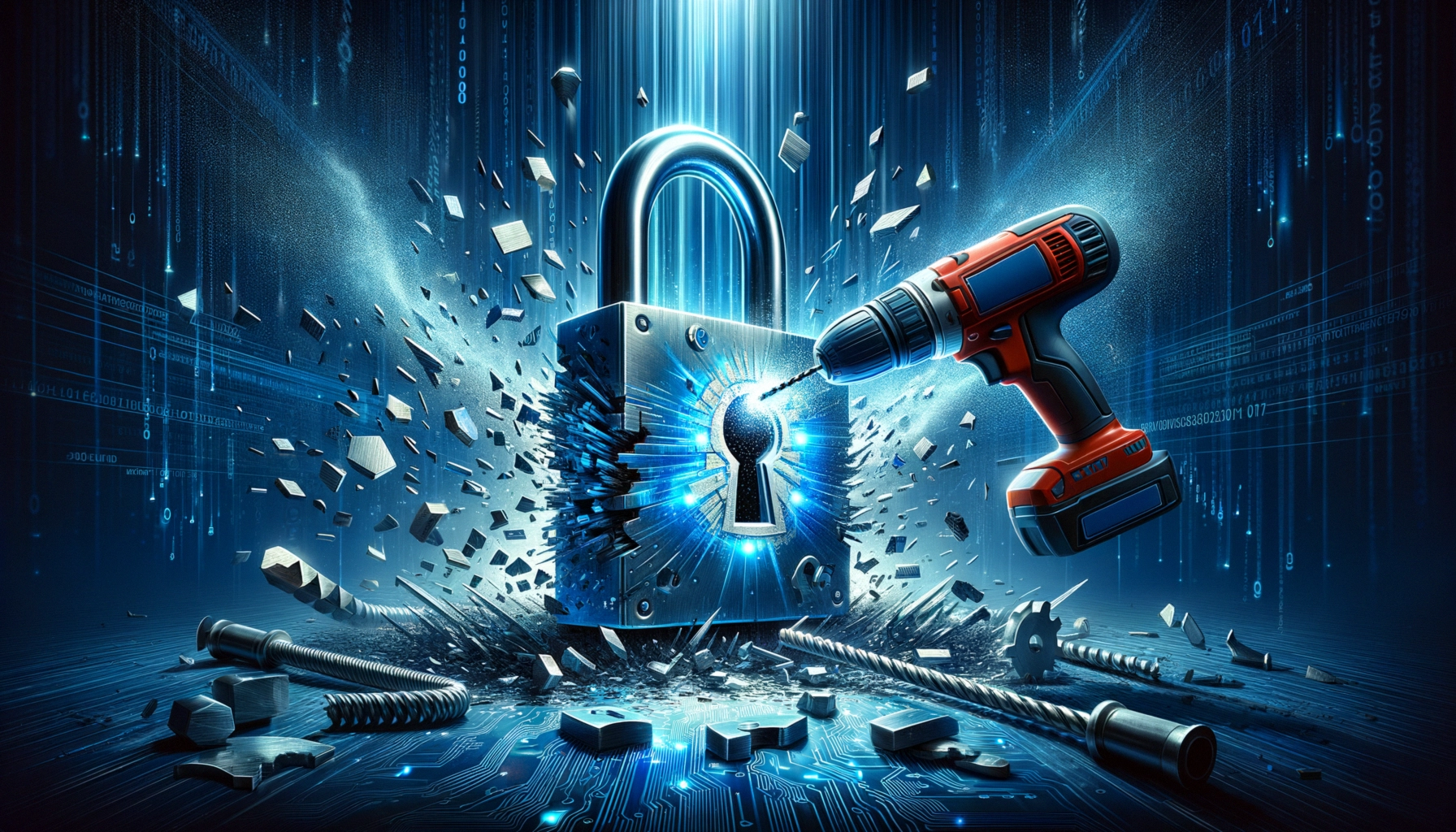 ** A drill breaking a digital padlock, surrounded by debris and glowing data streams.