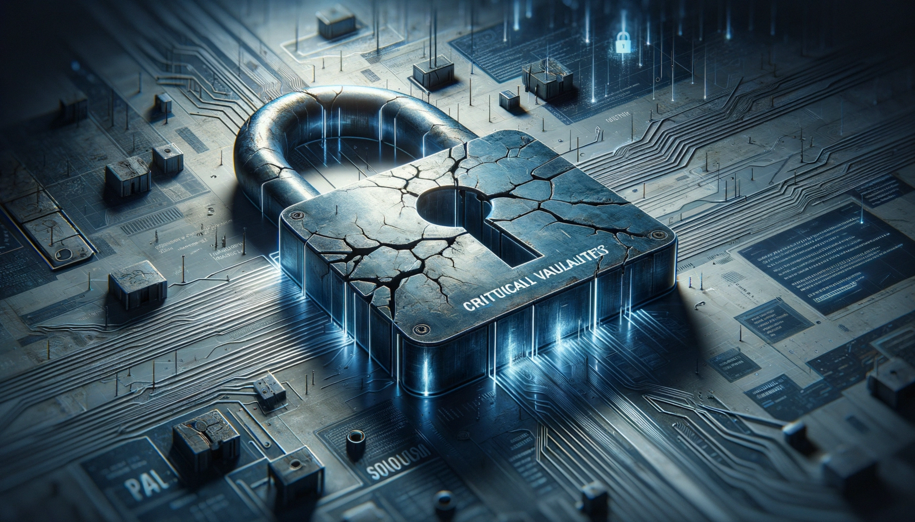 Metallic padlock with cracks on a digital circuit background.