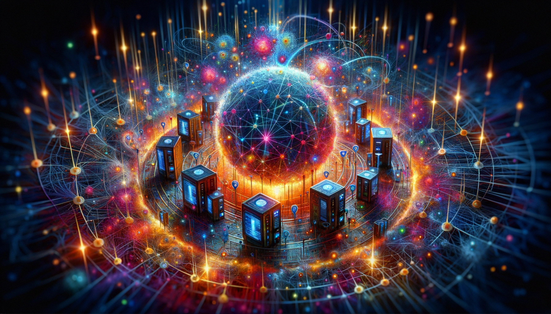 ** Abstract digital illustration of a glowing sphere surrounded by servers and vibrant cosmic elements.