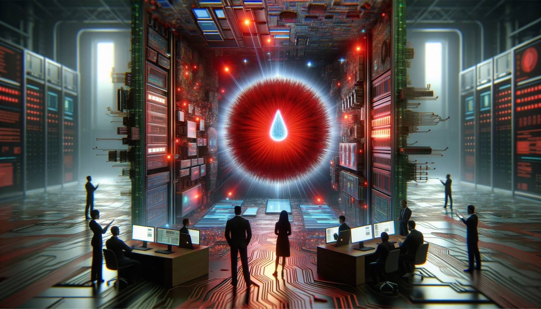 ** A futuristic scene with people viewing a glowing red orb symbolizing data in a high-tech environment.