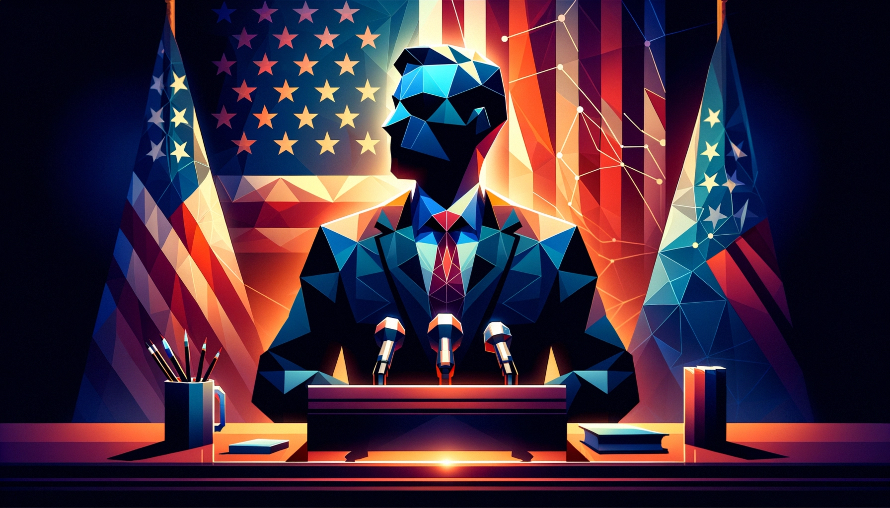 Abstract figure at a podium with American flags in a colorful, geometric style.