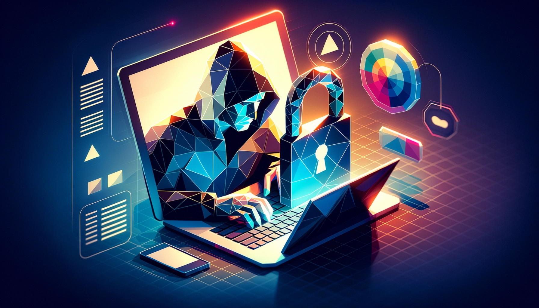 ** Hooded figure at a laptop with a glowing lock symbol, digital graphics surrounding them.