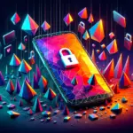 ** Colorful illustration of a smartphone with a lock, surrounded by geometric shapes.