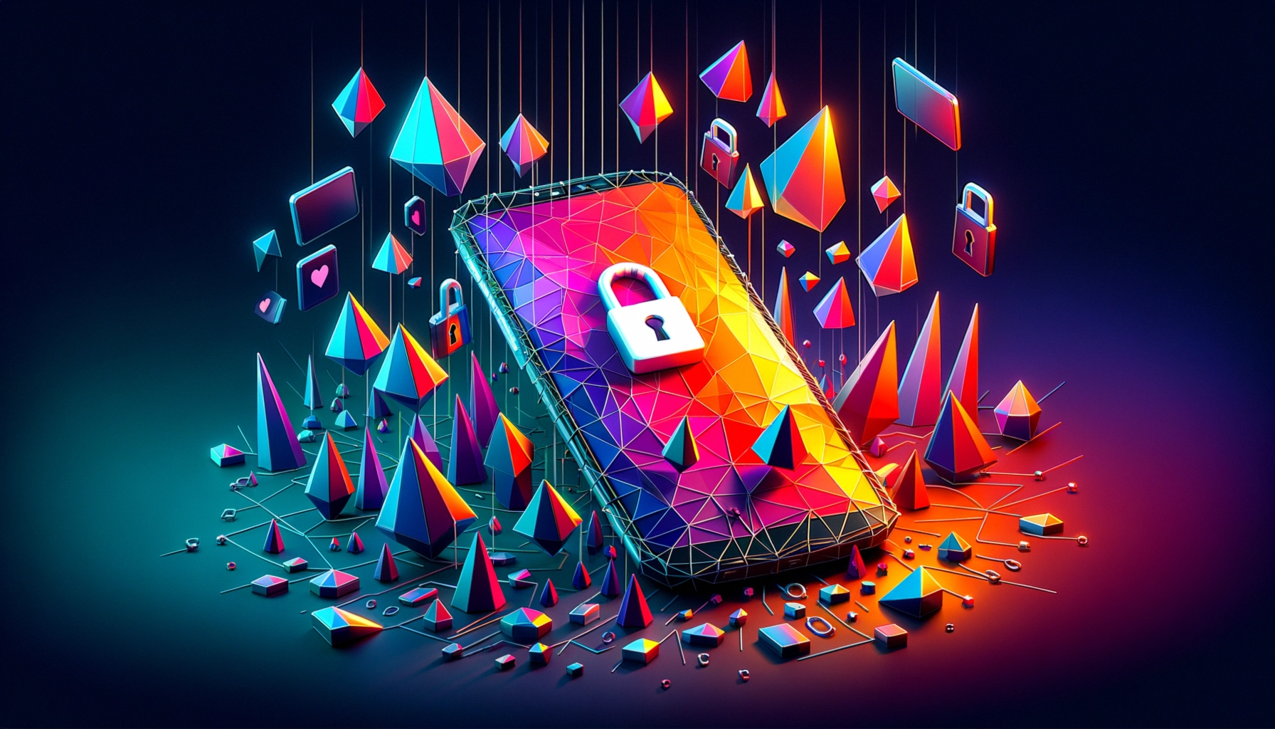 ** Colorful illustration of a smartphone with a lock, surrounded by geometric shapes.