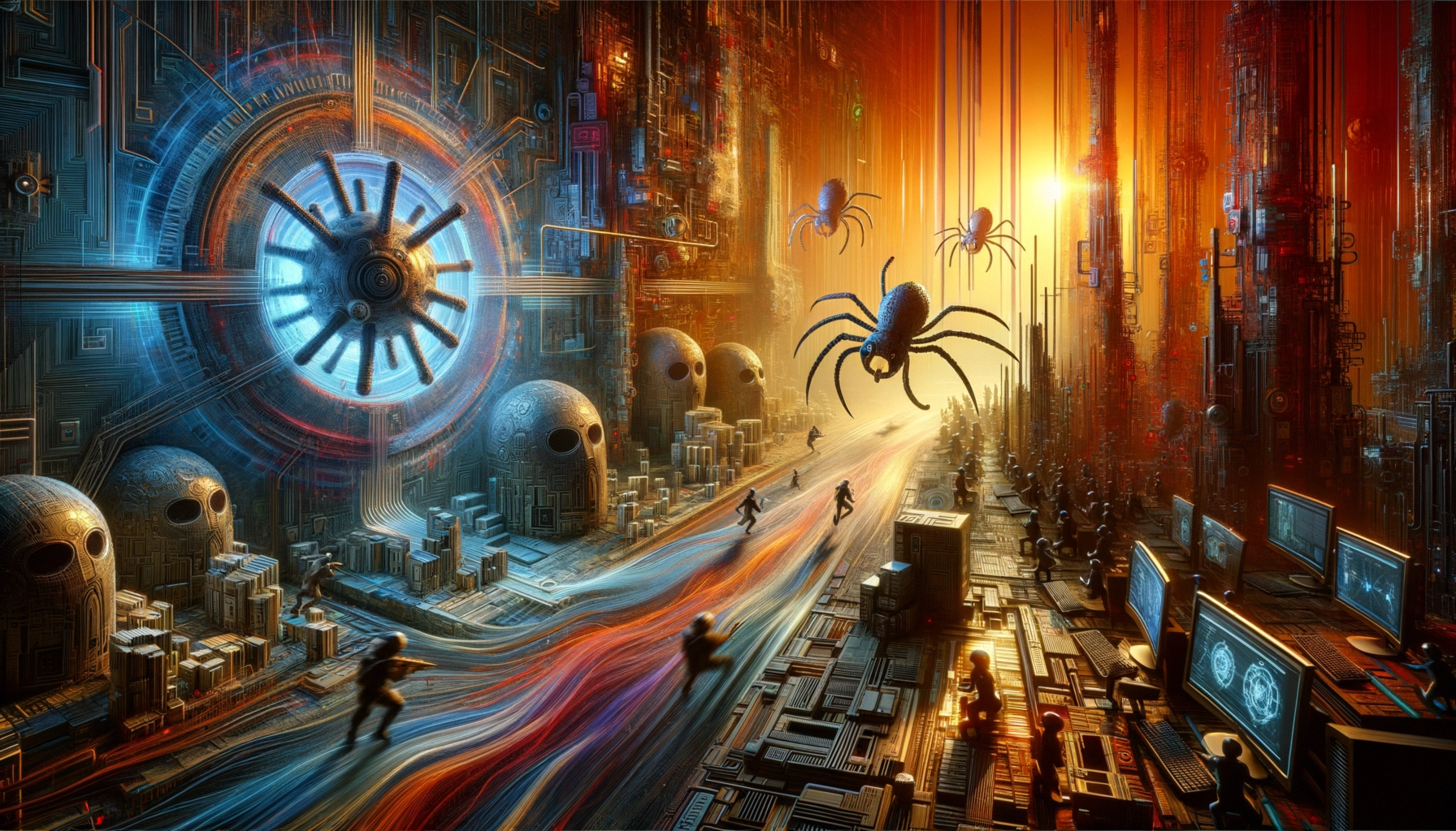 ** A futuristic scene with glowing pathways, robotic spiders, and dark figures in a high-tech landscape.