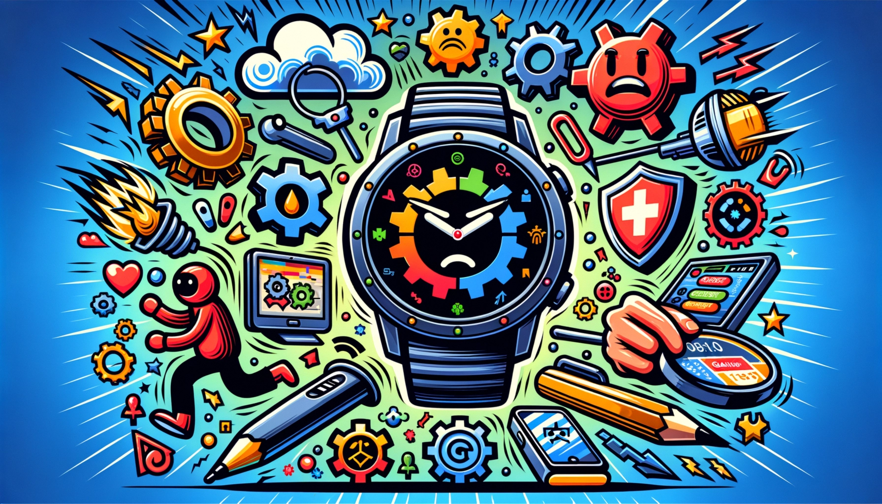 ** Colorful illustration with a digital watch surrounded by gears, emoticons, and tech icons.