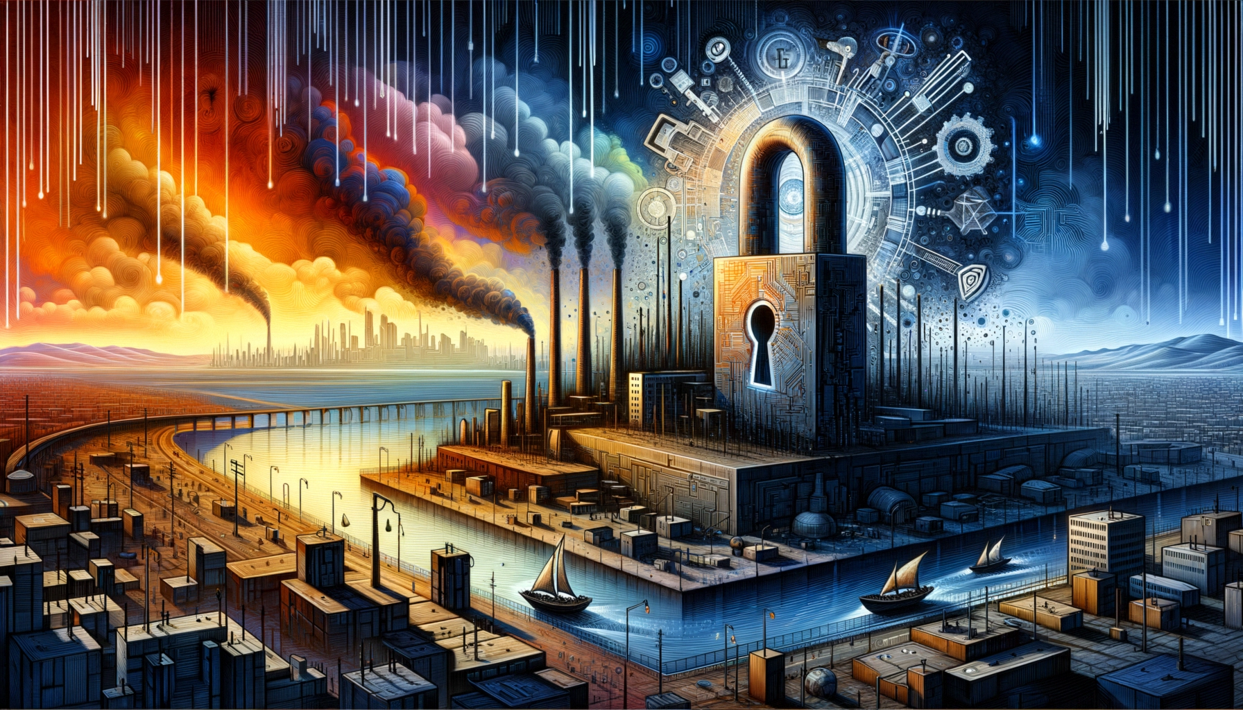 ** A giant lock structure amid factories, waterways, and a vibrant sunset sky.