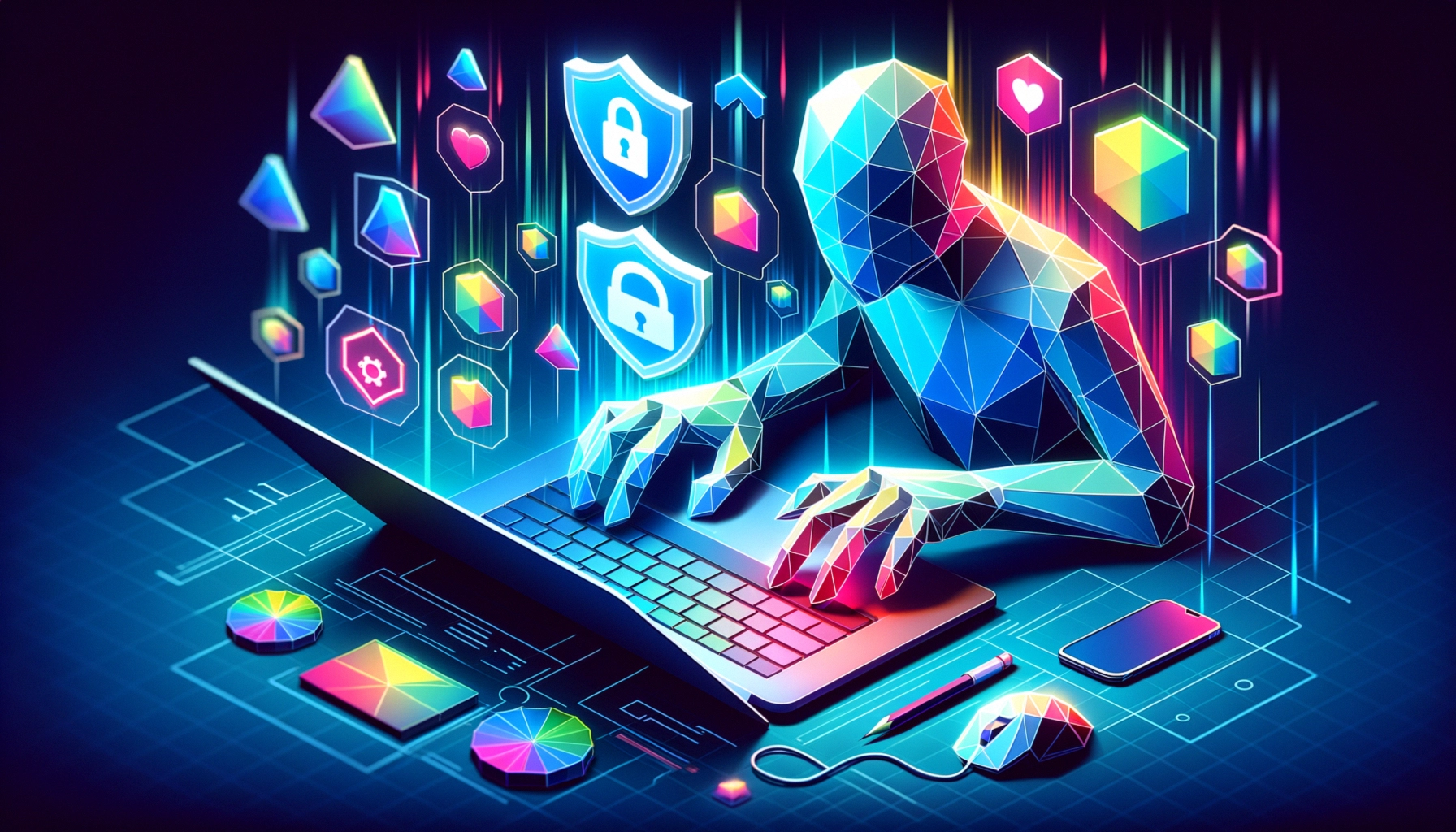 ** Abstract depiction of a geometric figure typing on a laptop surrounded by vibrant icons and security symbols.