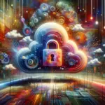 ** Vibrant digital cloud with a lock, colorful swirls, and technology motifs.