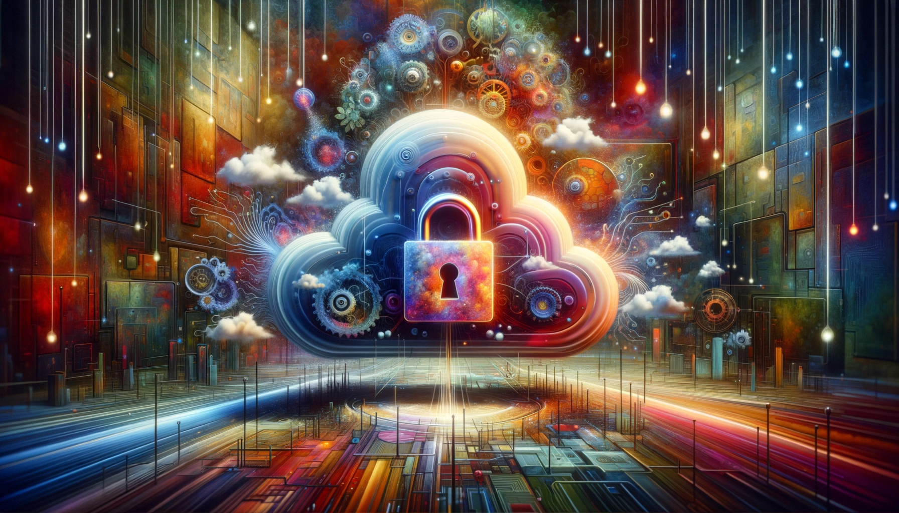 ** Vibrant digital cloud with a lock, colorful swirls, and technology motifs.