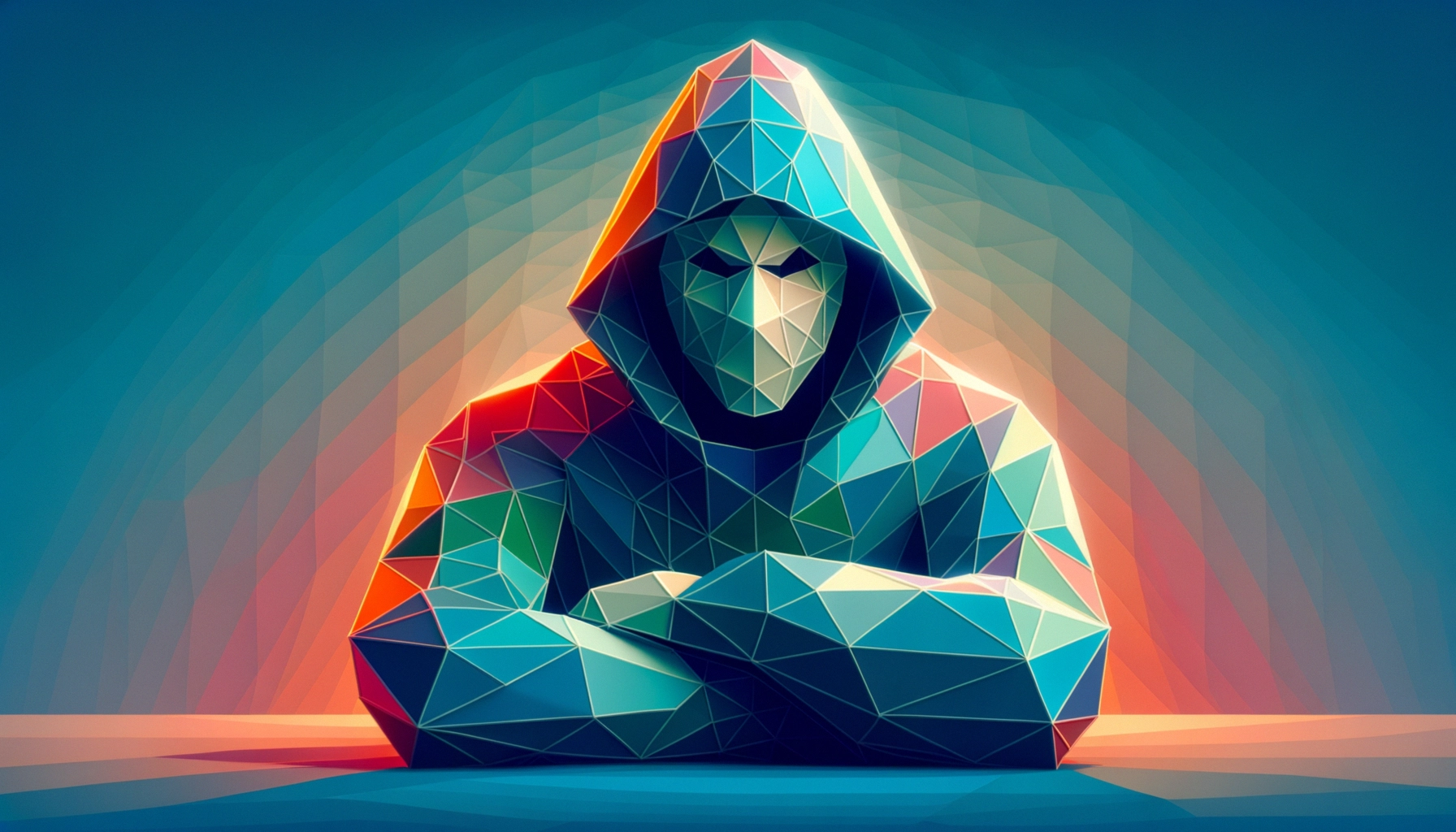 ** Geometric figure in a hooded cloak, sitting with arms crossed against a colorful gradient background.