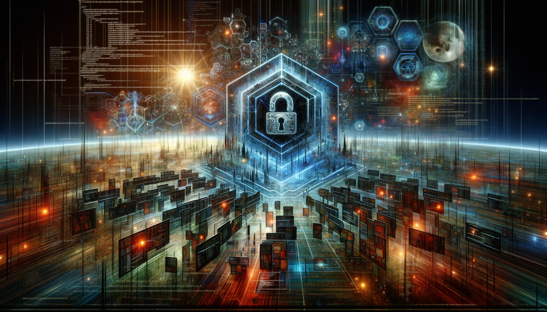 ** Abstract digital landscape with a central padlock icon surrounded by vibrant data elements.