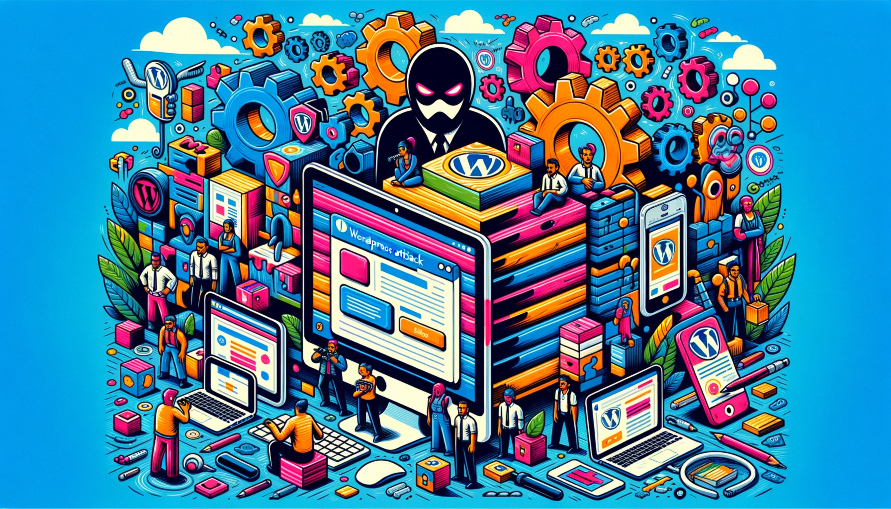 ** Colorful illustration depicting a digital workspace with WordPress elements and figures working on various devices.