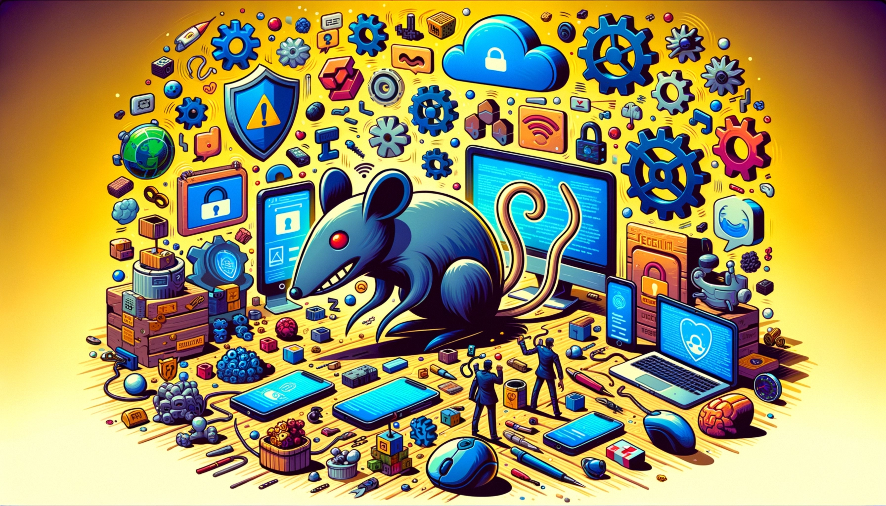 ** A cartoonish gray mouse surrounded by tech icons and security symbols, depicting cybersecurity themes.