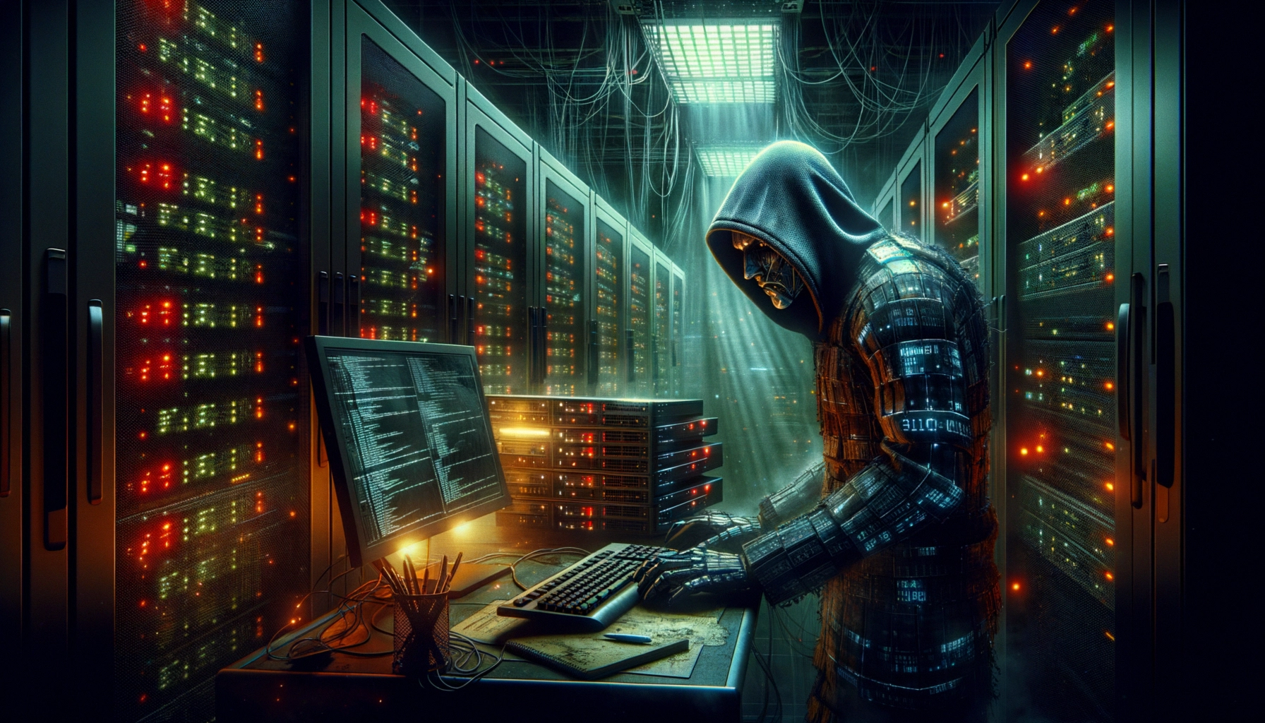 ** A hooded figure types on a keyboard in a dim server room filled with glowing lights.