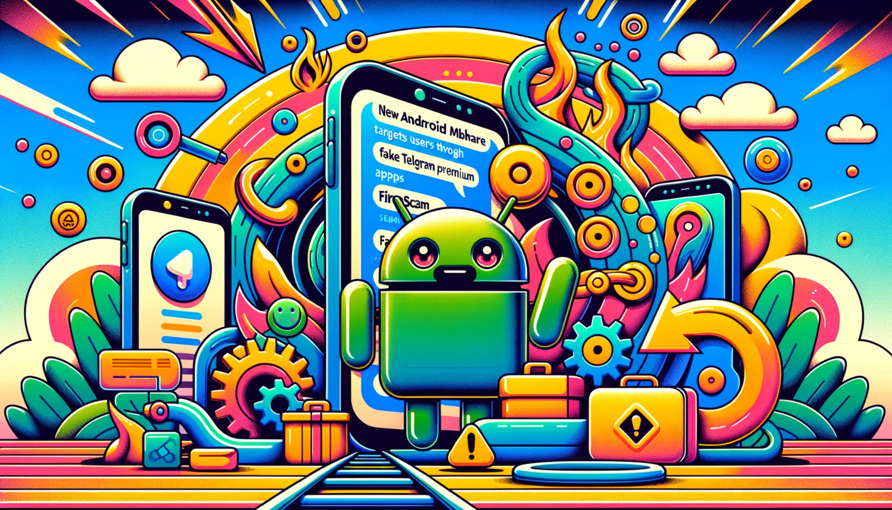 Bunte digitale Illustration mit einem Android-Maskottchen und Smartphone-Icons.