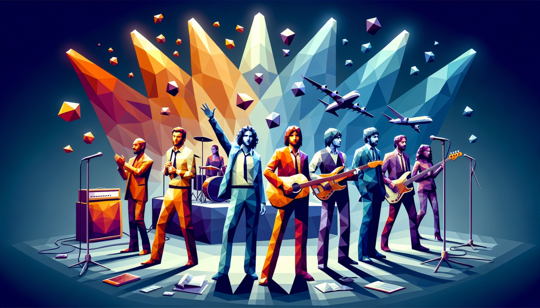 ** A colorful, geometric illustration of a band performing with vibrant stage lights and flying planes.