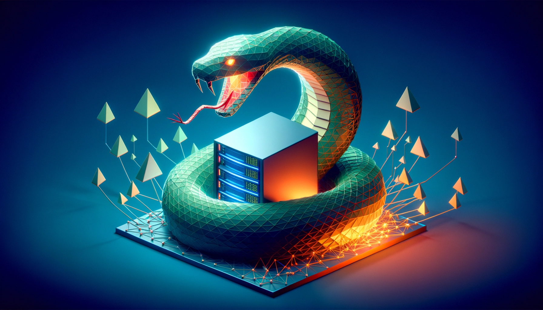 ** A digital snake encircles a server, surrounded by glowing geometric shapes.