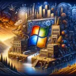 Яркая абстракция с логотипом Windows среди городского пейзажа.