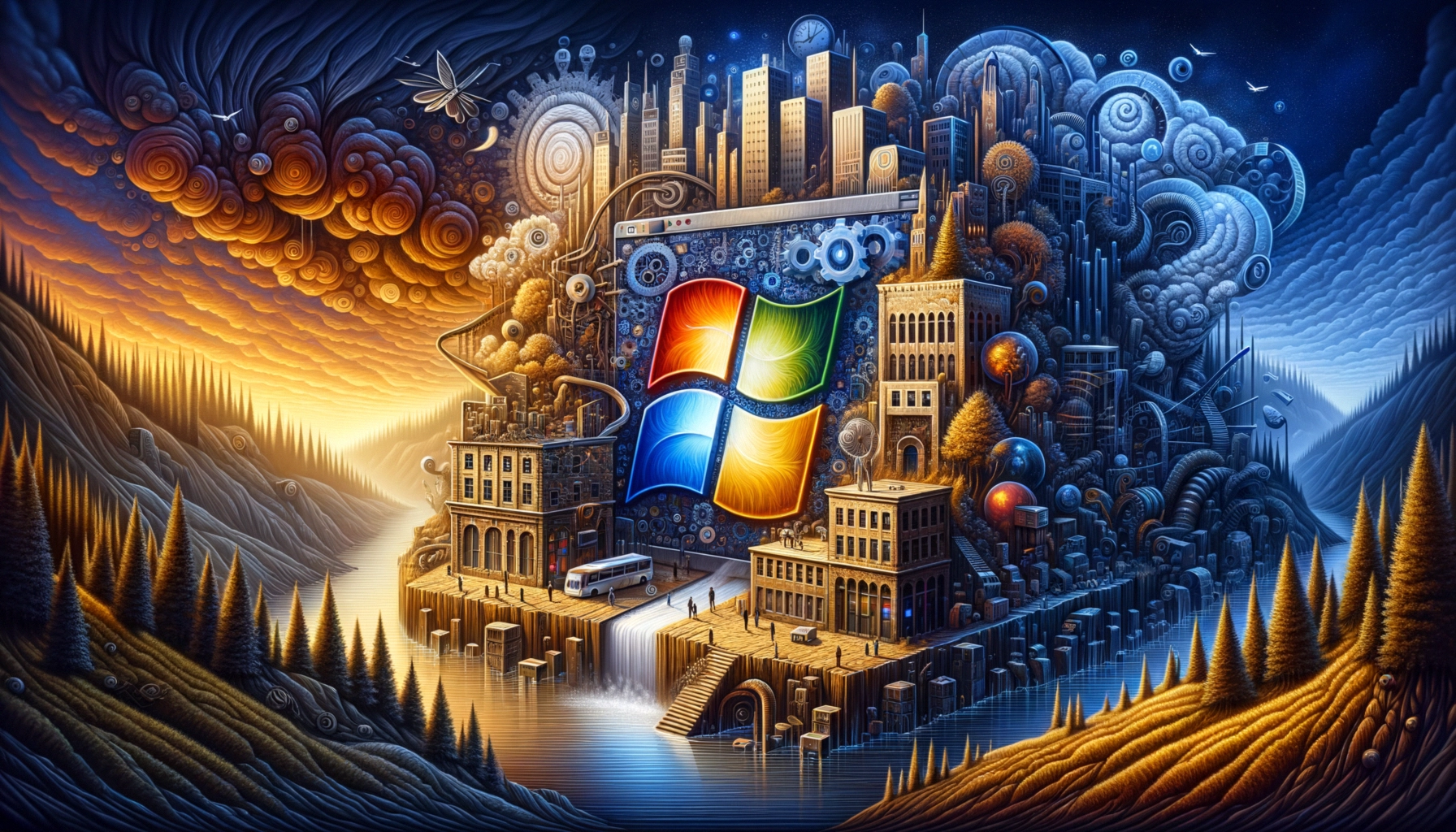 ** An imaginative cityscape with a large Windows logo, surrounded by vibrant colors and abstract shapes.