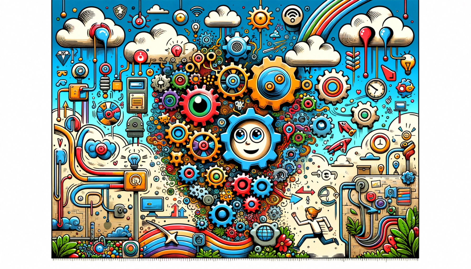 ** Colorful gears and whimsical icons blend in a dynamic, technology-themed illustration.