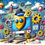 ** Cartoonish computer with a smiling shield character surrounded by digital icons, gears, and clouds.