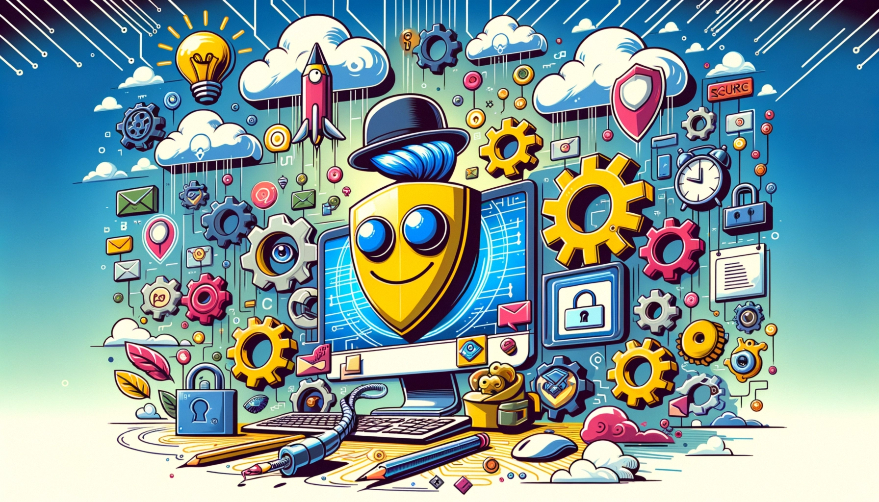 ** Cartoonish computer with a smiling shield character surrounded by digital icons, gears, and clouds.