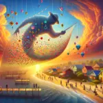 ** A giant figure in a hat casts colorful symbols over a tranquil beach town at sunset.