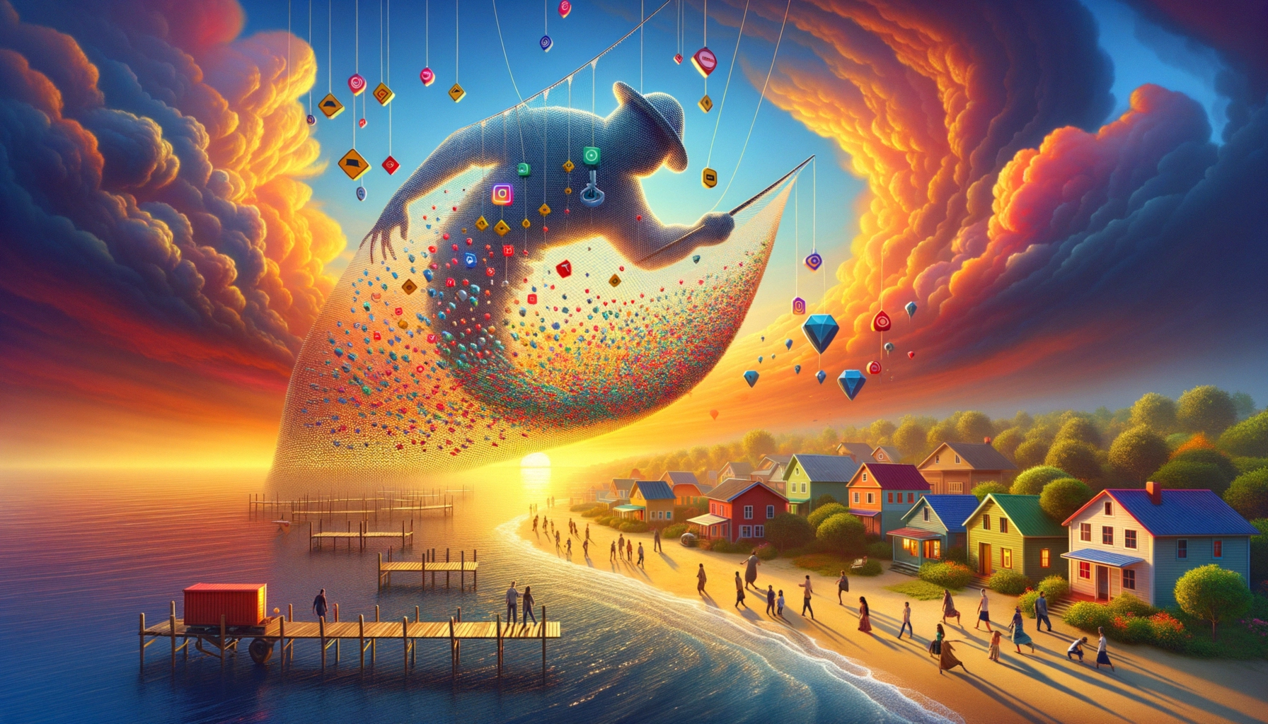 ** A giant figure in a hat casts colorful symbols over a tranquil beach town at sunset.