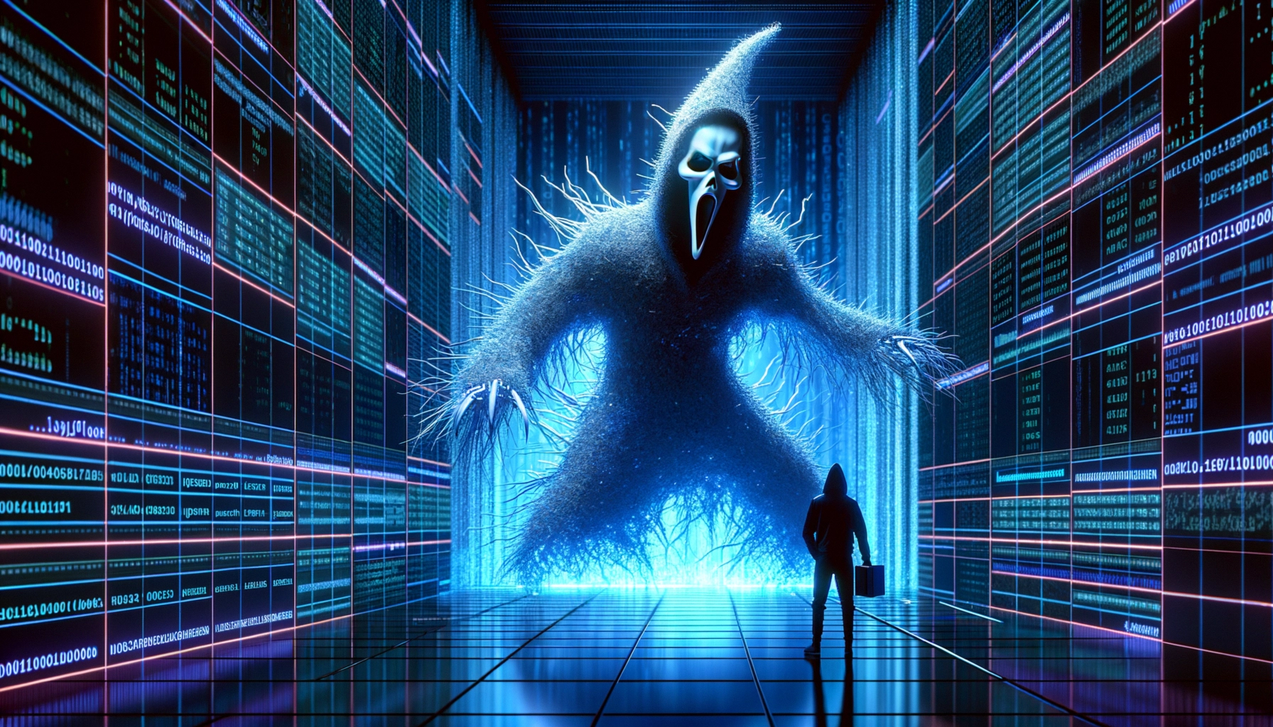 ** A shadowy figure stands before a towering ghost amidst a high-tech digital backdrop.