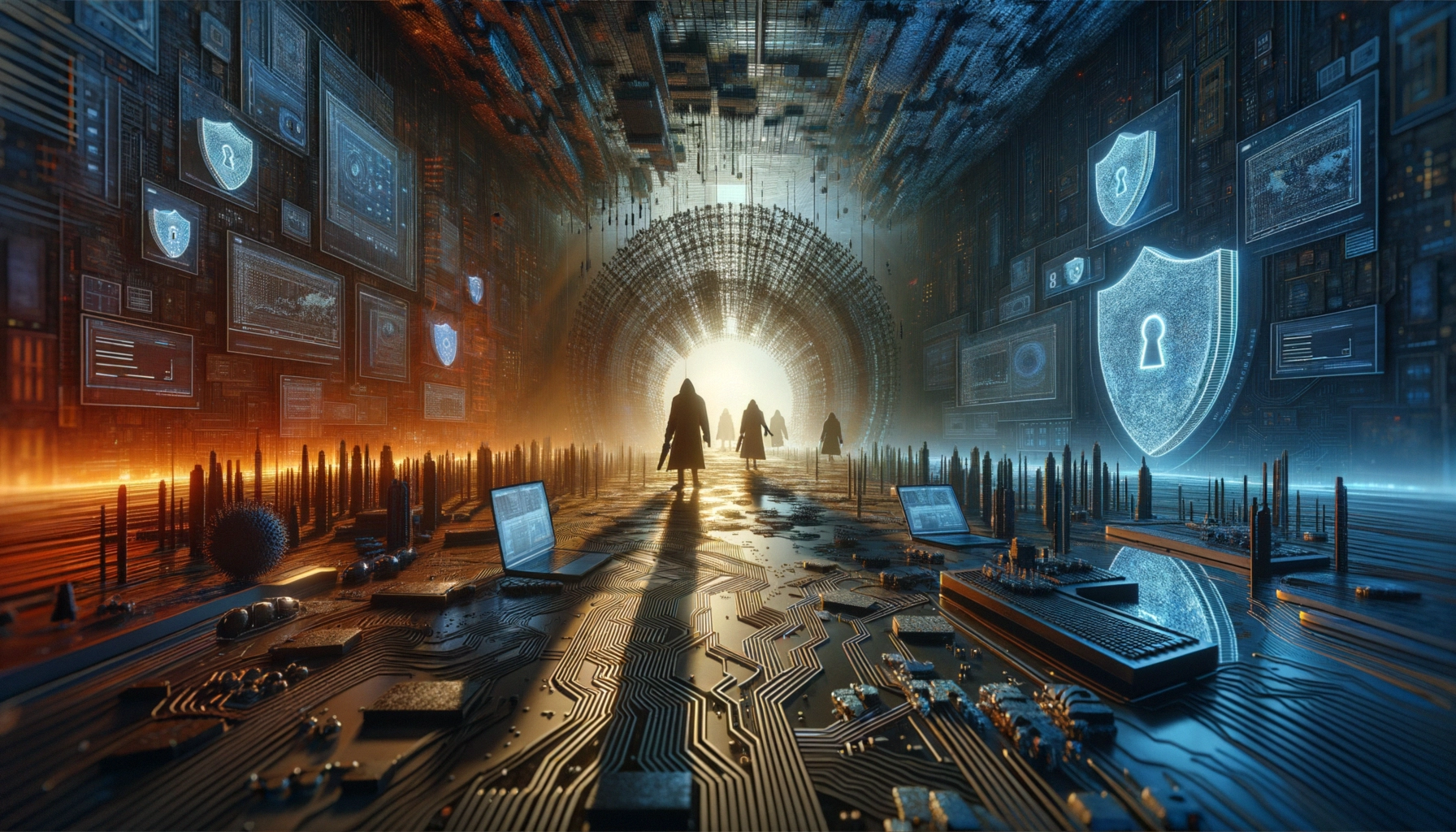 ** A futuristic scene showing cloaked figures in a digital landscape with glowing screens and shapes.