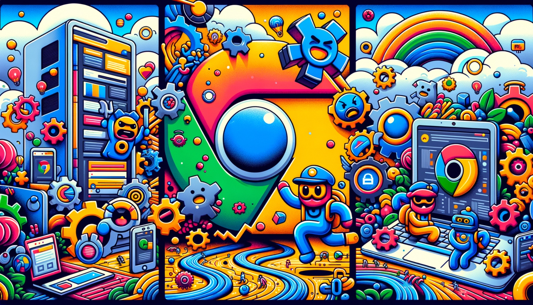 ** Colorful digital artwork featuring characters and computer elements in a whimsical landscape.