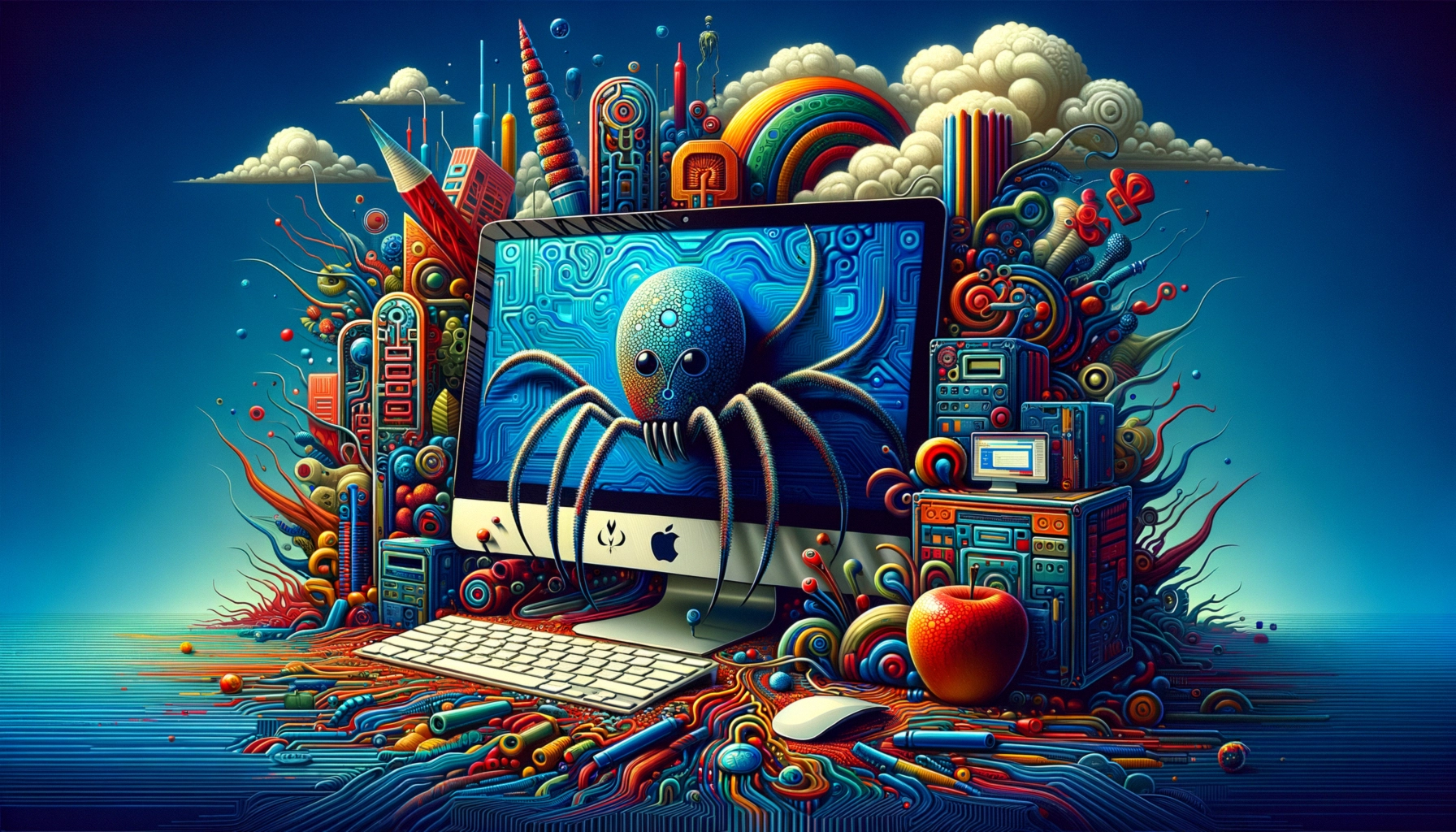 ** Colorful digital artwork featuring a spider emerging from a computer surrounded by vibrant circuitry and shapes.