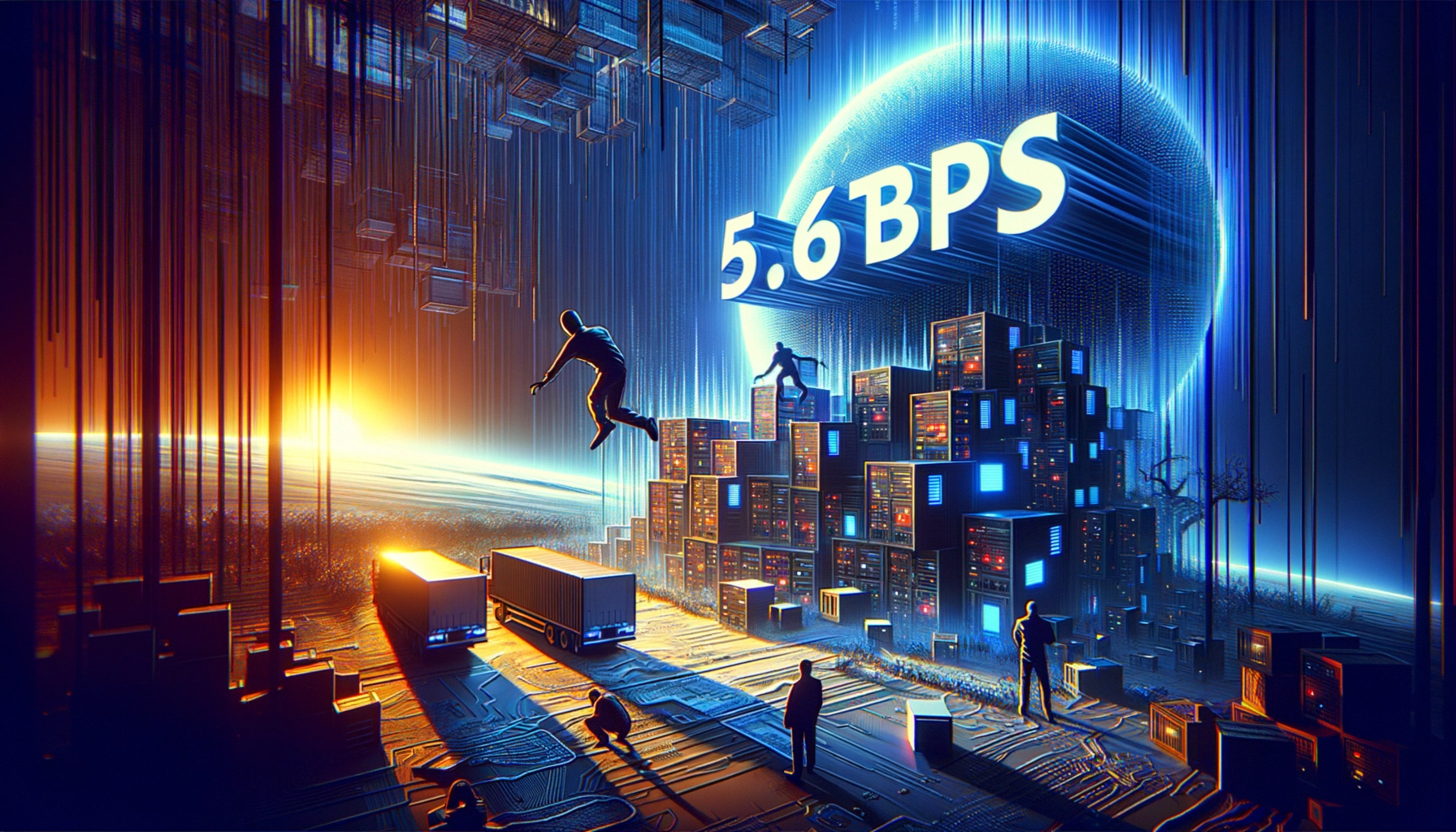 ** Futuristic digital landscape with people, servers, and "5.6 BPS" glowing in blue.