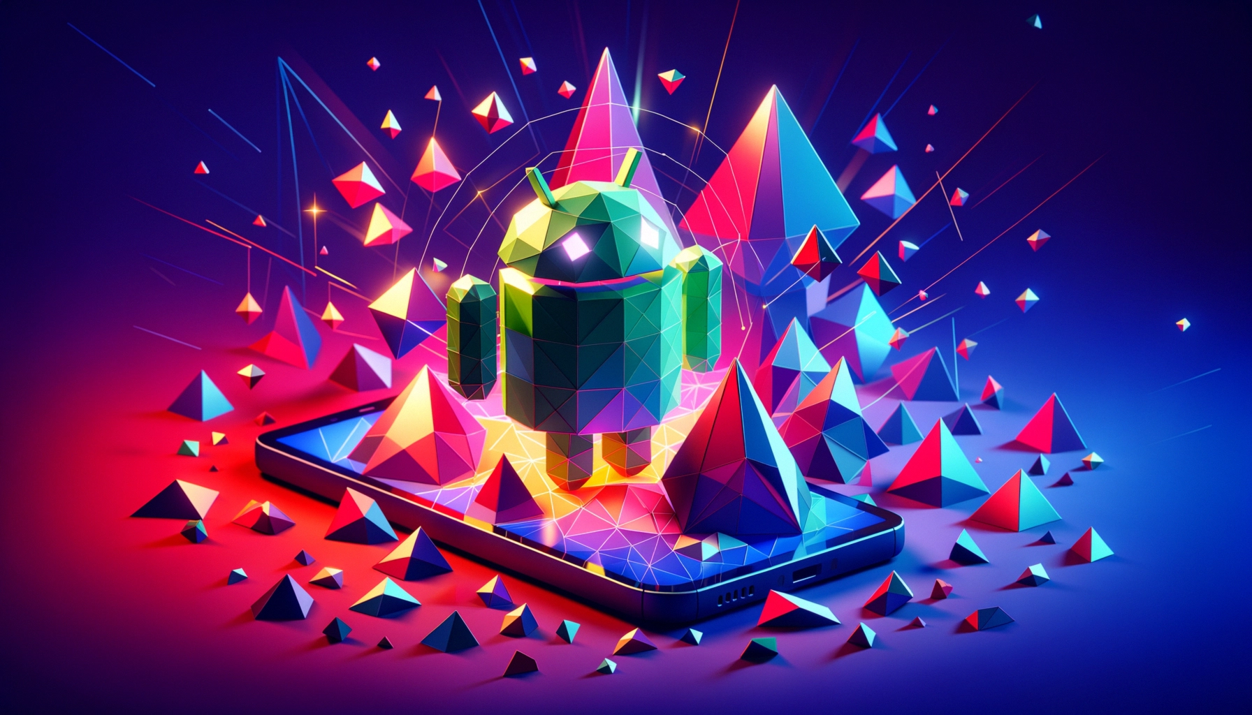 Colorful geometric Android robot emerging from a smartphone surrounded by vibrant triangles.