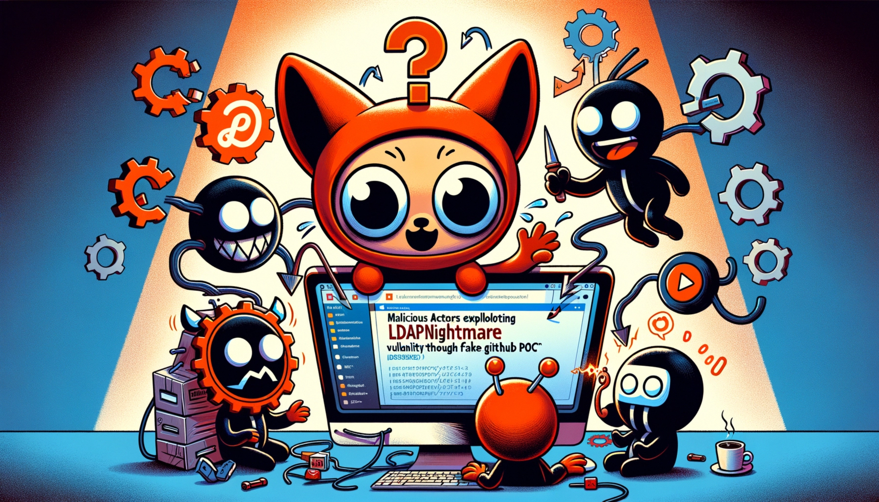 ** Cartoon scene of a cat character surrounded by black figures, analyzing a computer screen.