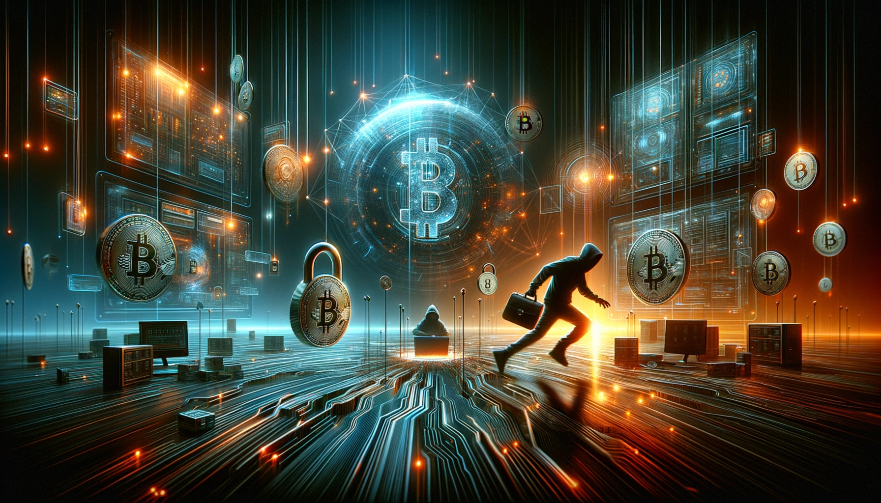 ** Digital landscape with Bitcoin symbols, a running figure, and data screens glowing in blue and orange hues.