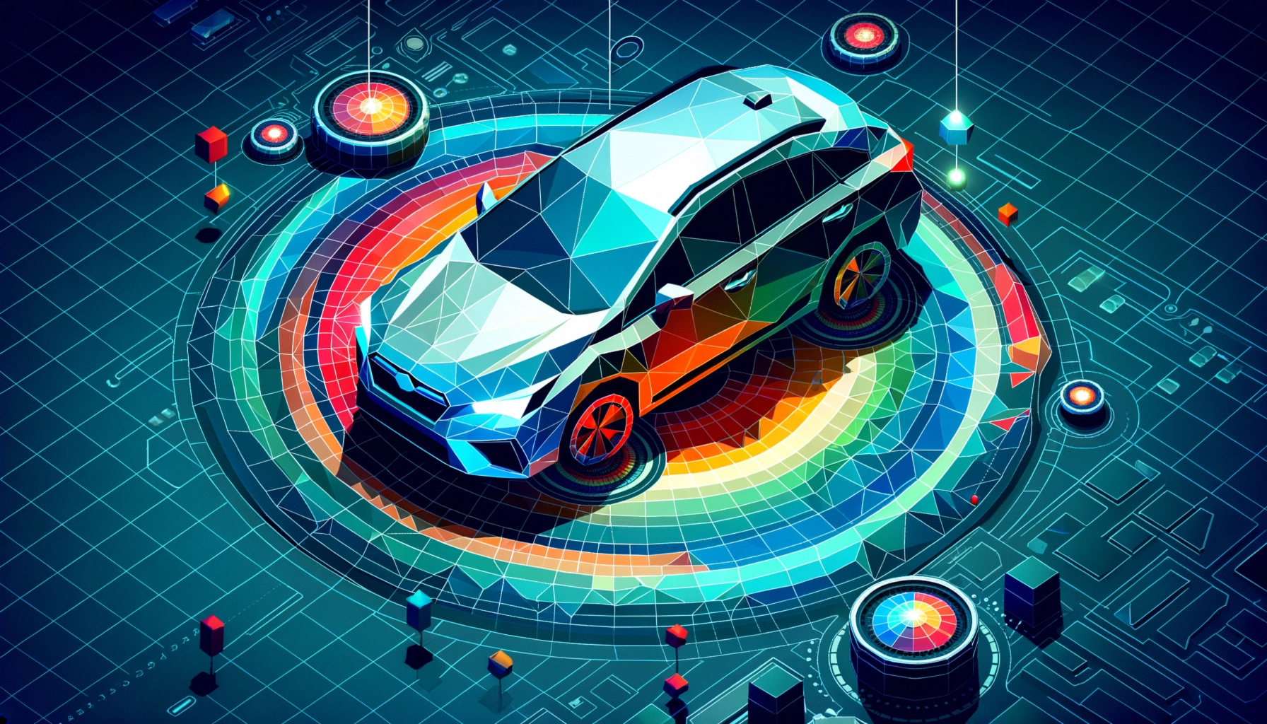 ** Futuristic geometric car on a vibrant tech grid background.