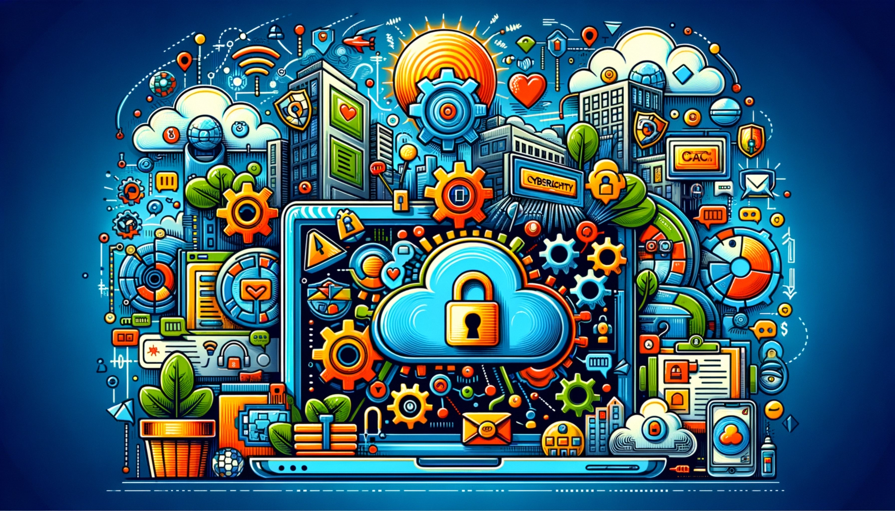 ** Colorful digital illustration featuring cloud security and tech elements, with gears and buildings.