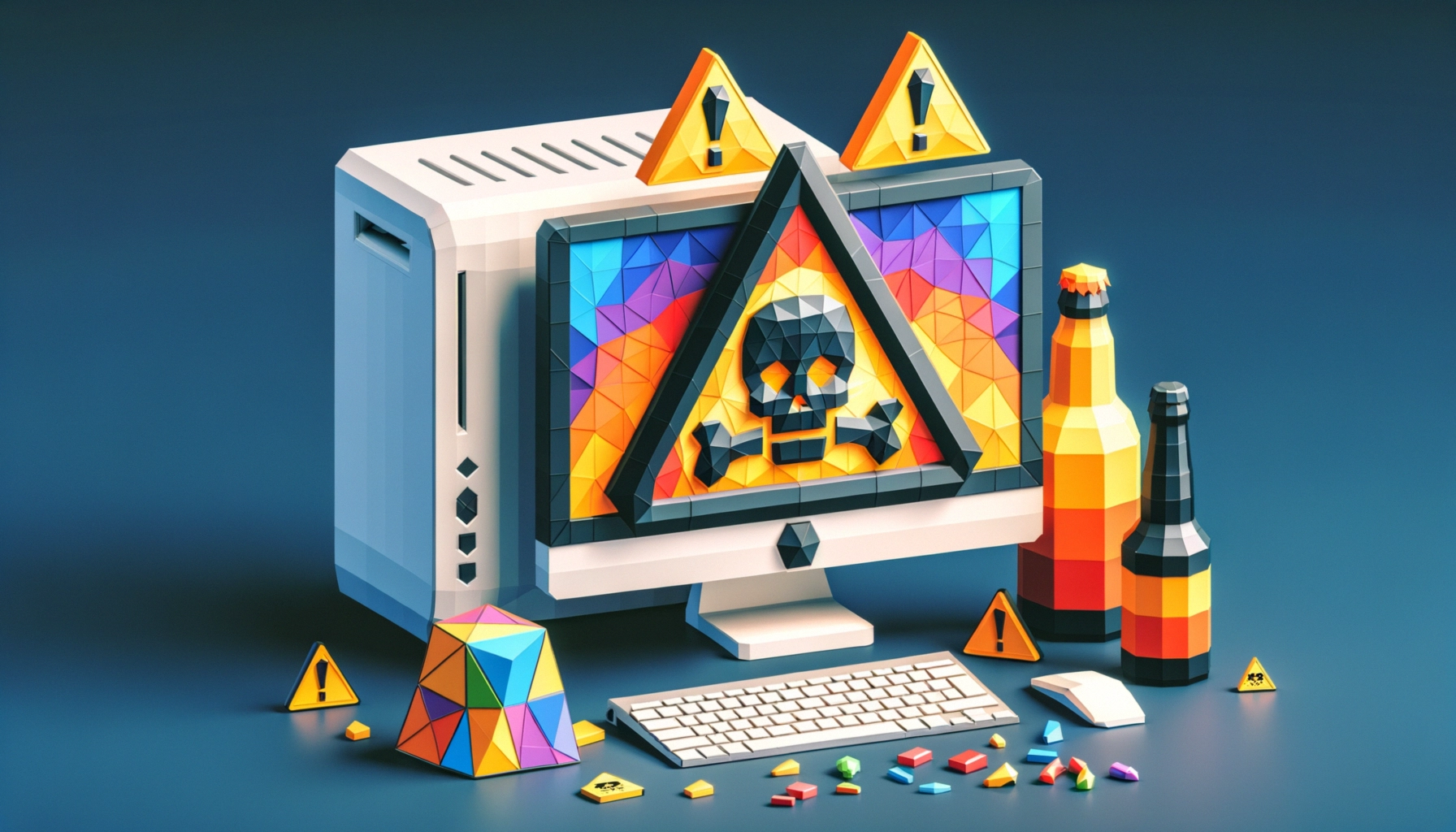 ** Colorful geometric shapes surround a computer with caution symbols, conveying a playful yet hazardous vibe.