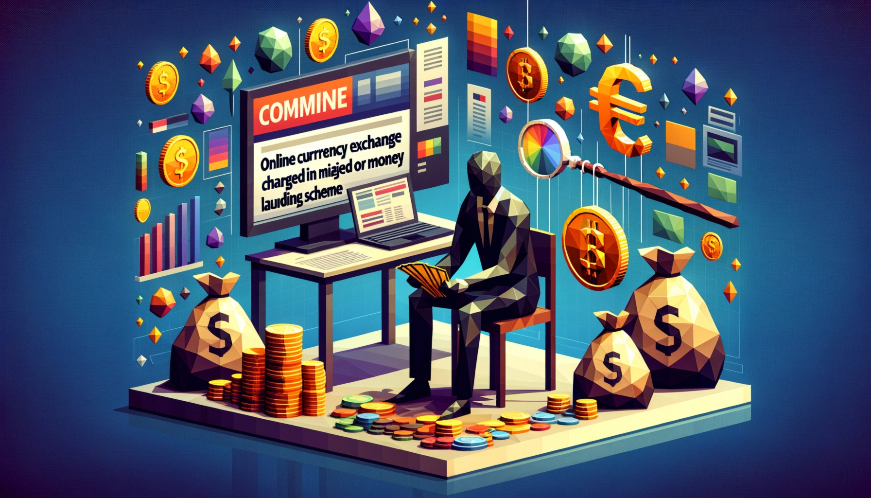 ** A stylized scene of a figure sitting with money bags, surrounded by financial icons and a computer monitor.