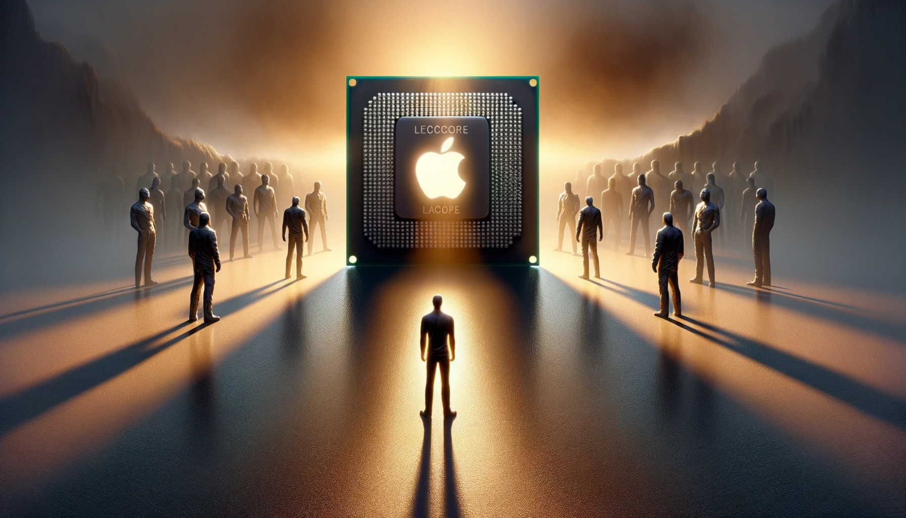 Menschliche Silhouetten umgeben einen leuchtenden Apple-Chip in einer surrealen Landschaft.