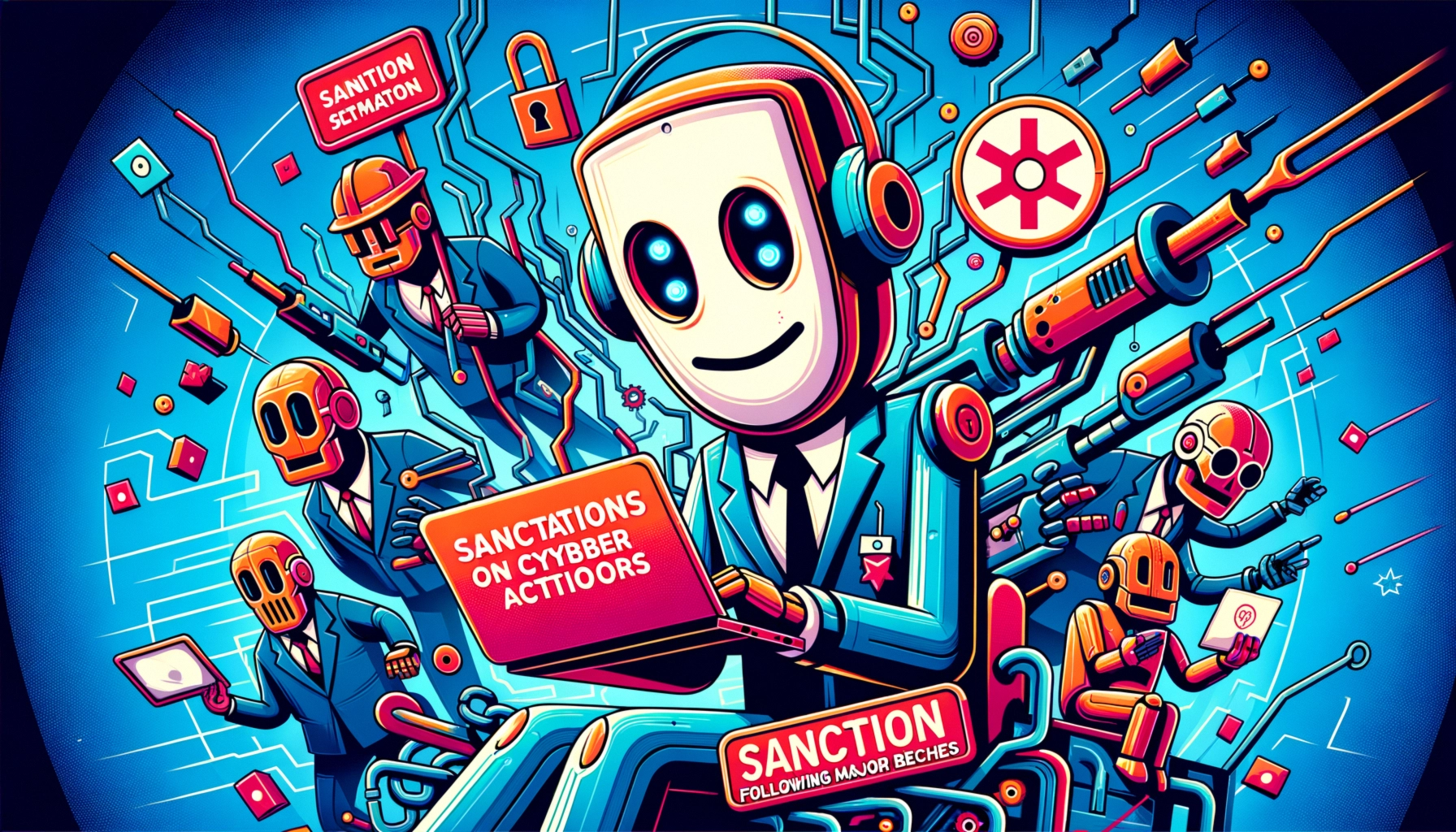 ** Colorful cartoon scene showing robots in suits with tech elements and sanctions signs, representing cyber actions.