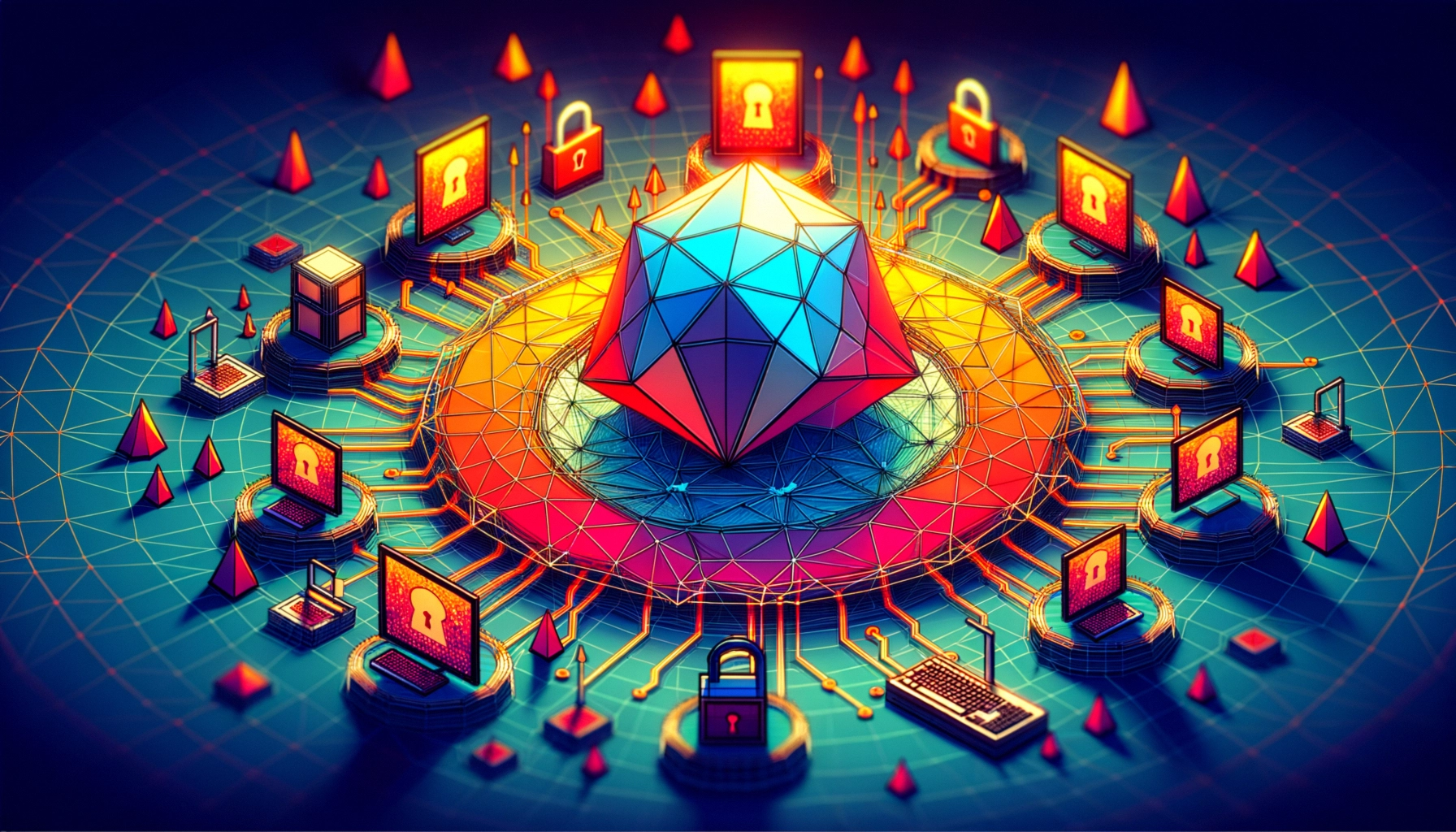 Geometric digital landscape illustrating cybersecurity with devices and locks.