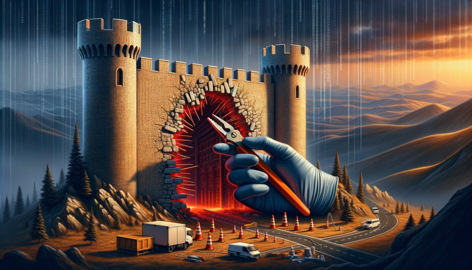 Giant hand with pliers breaks through a castle wall, revealing glowing red interior amidst mountains and a road.