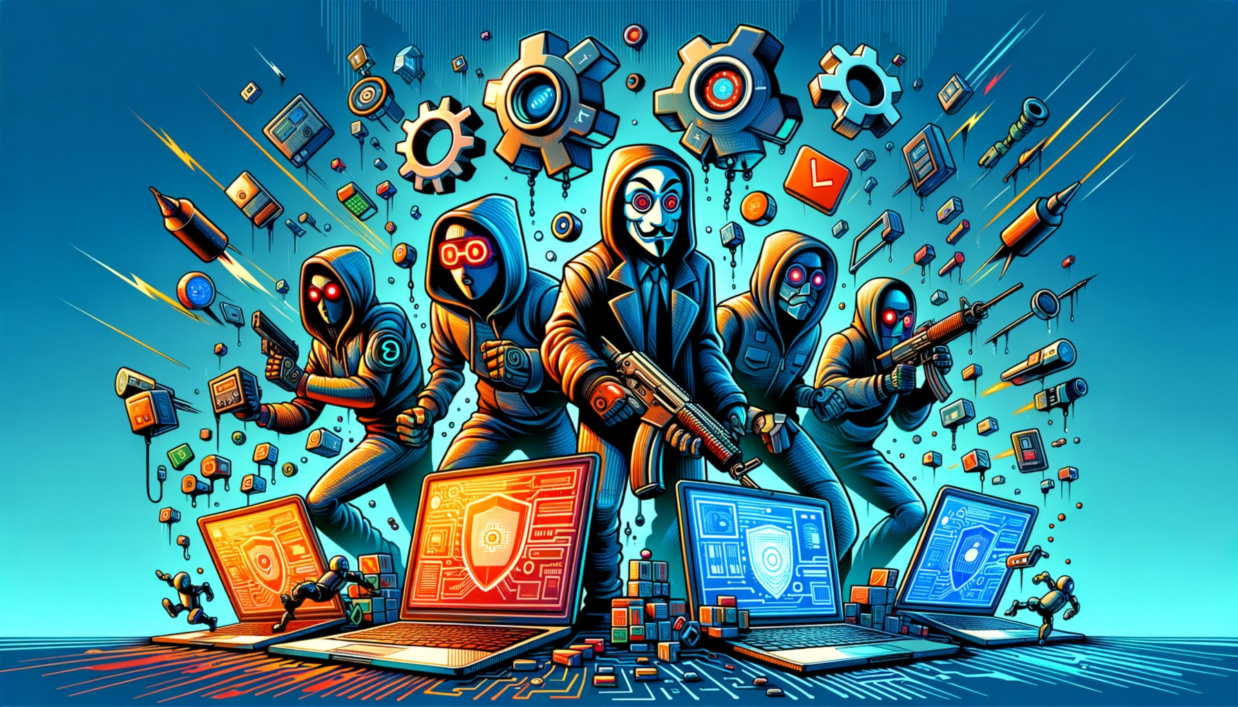 ** A group of hooded figures with weapons stands amid laptops and tech elements, creating a cyberpunk atmosphere.