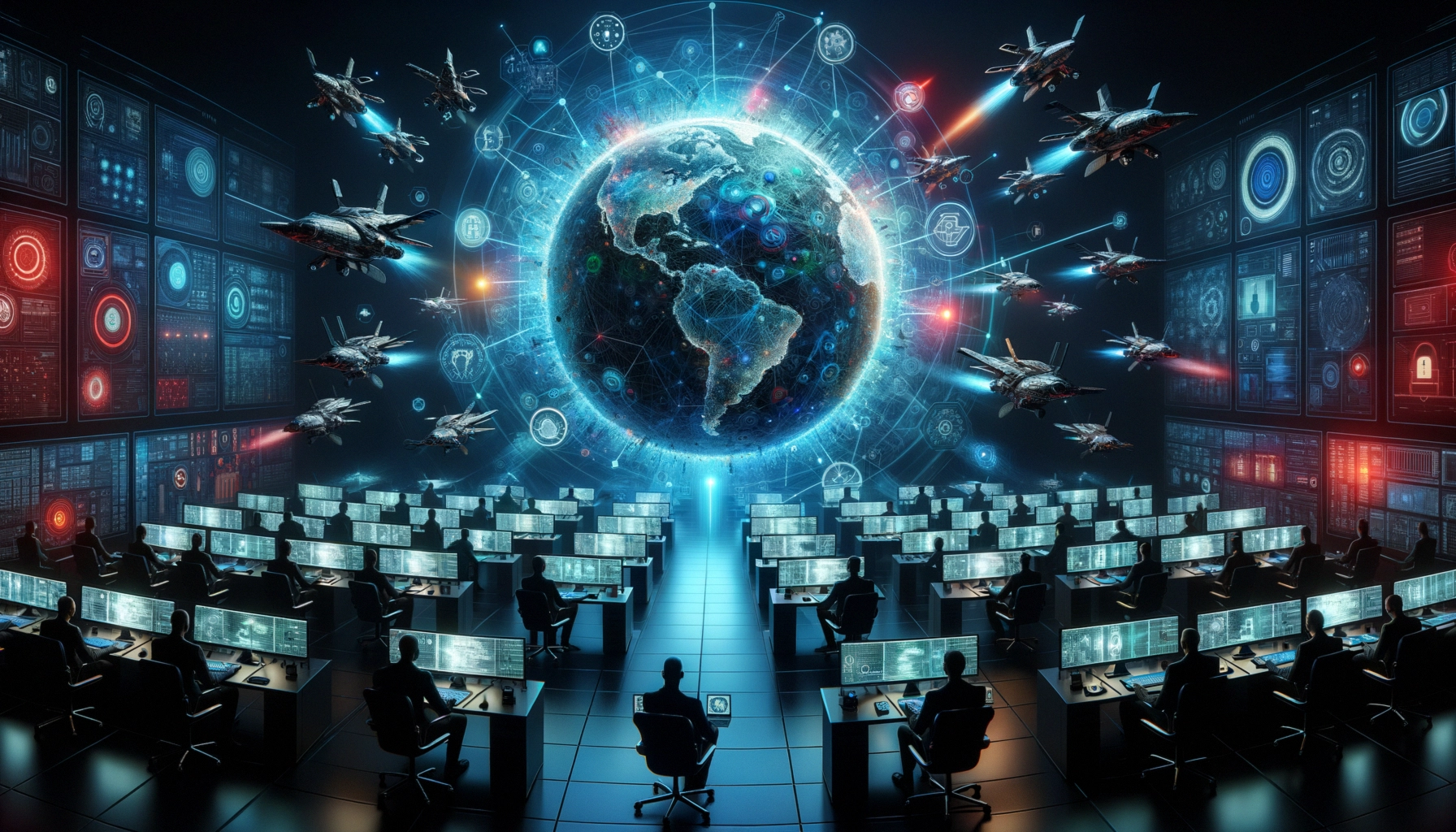 A vast control room with monitors, a globe, and drones in a high-tech environment.