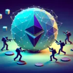 Stilisiertes Bild von Figuren, die eine große Ethereum-Globus-Form umgeben.