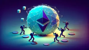 Люди у чорному одязі з пістолетами біля абстрактної кулі Ethereum.